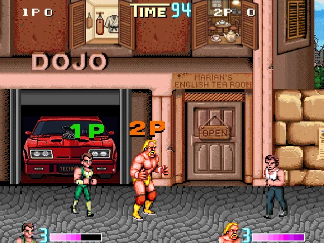 Capture de Double Dragons : trois personnages devant un garage et la façade d'un dojo, deux d'entre eux marqués 1P et 2P, une voiture rouge garée à gauche