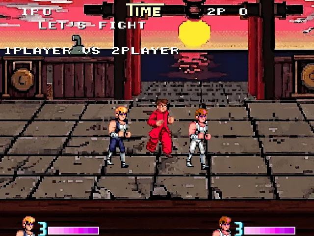 Capture de Double Dragons : trois combattants sur une terrasse au soleil couchant, avec les mentions LET'S FIGHT et 1PLAYER VS 2PLAYER