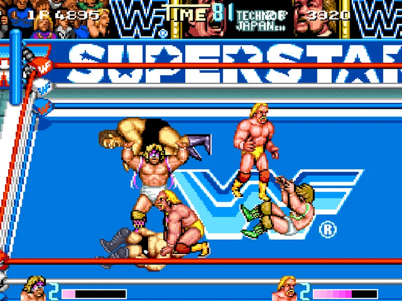 Capture de Double Dragons : plusieurs catcheurs aux prises sur un ring bleu marqué du logo WWF, la bannière SUPERSTARS en arrière-plan