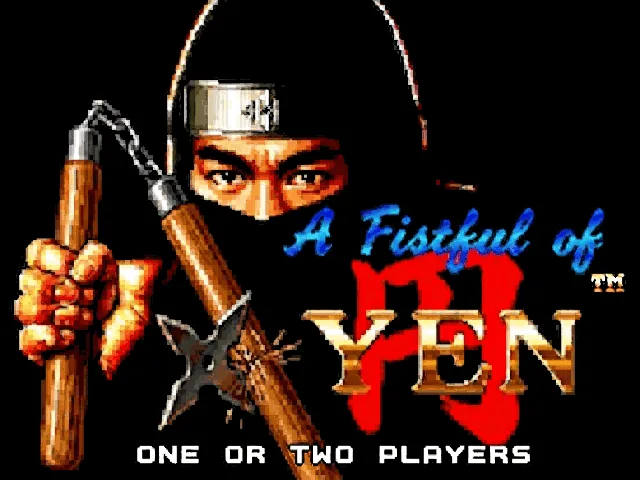 Écran titre du mini-jeu A Fistful of Yen : un ninja masqué tenant un nunchaku et un shuriken