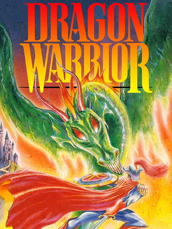 Jaquette américaine de Dragon Warrior sur NES&nbsp;: un chevalier vêtu d'une cape rouge affronte une tête de dragon vert crachant des flammes devant un château, le titre en lettres dégradées orange et jaune