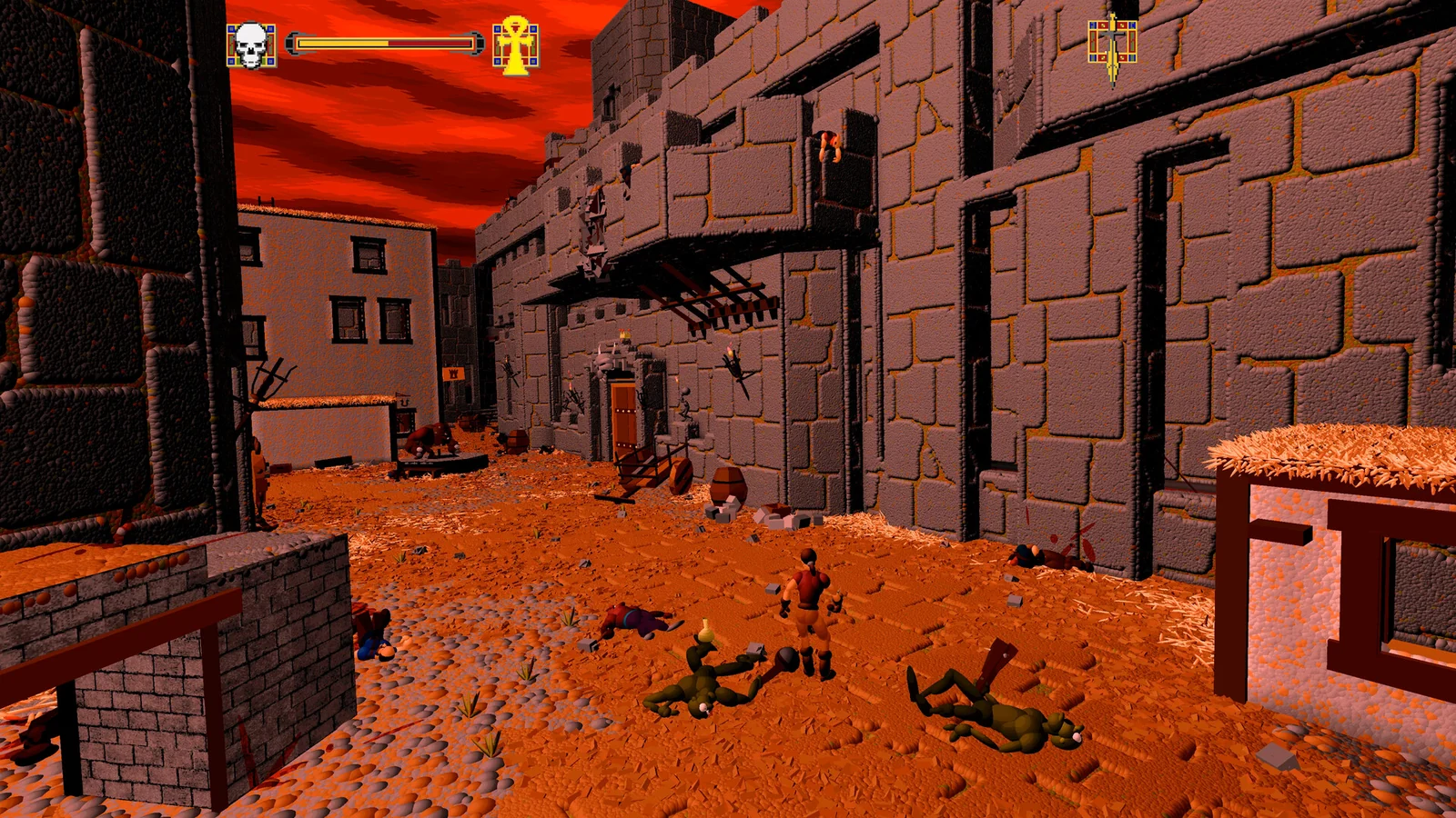 Capture d'Ecstatica II : le héros dans une rue pavée bordée de remparts, entre des créatures à terre, sous un ciel rouge, avec une jauge en haut de l'écran