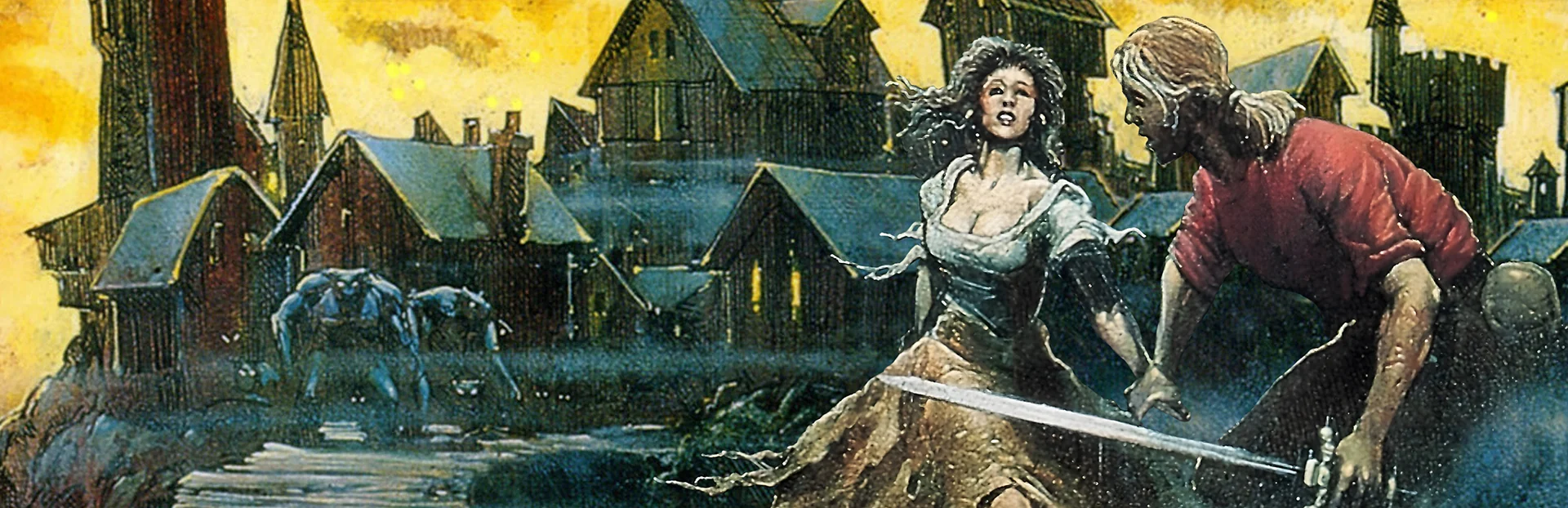 Illustration d'Ecstatica : au premier plan, une jeune femme en robe et un homme blond en chemise rouge, épée à la main, courent ; à gauche, deux créatures se tiennent devant les maisons d'un village médiéval, sous un ciel jaune
