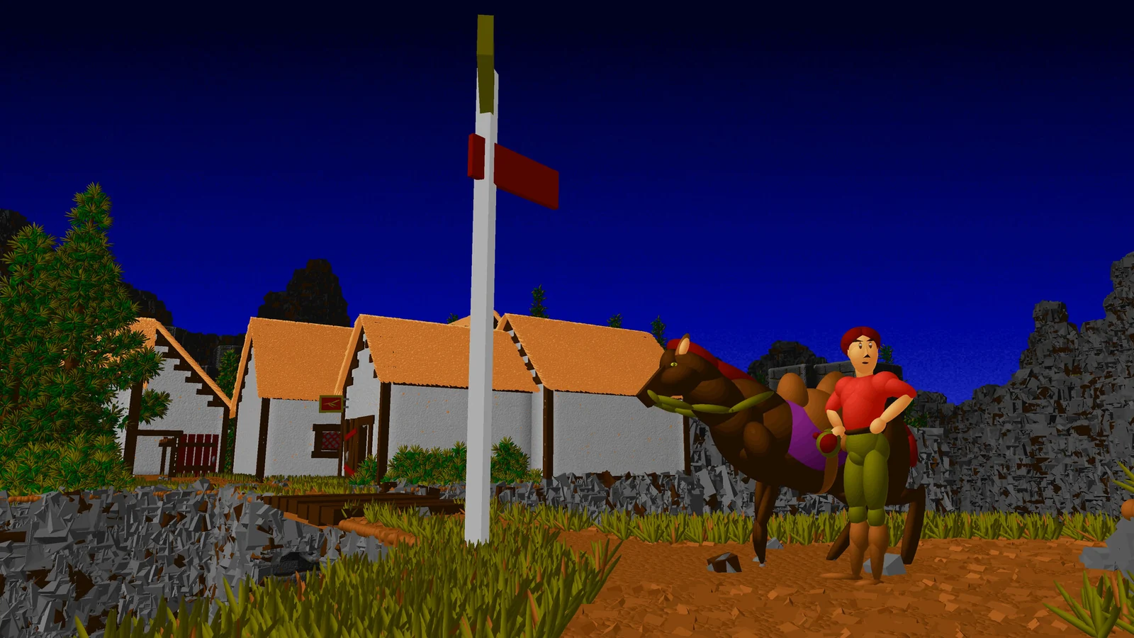 Capture d'Ecstatica : le héros en chemise rouge, à côté d'un cheval sellé, près d'un poteau indicateur, devant des maisons blanches aux toits orange, sous un ciel bleu nuit