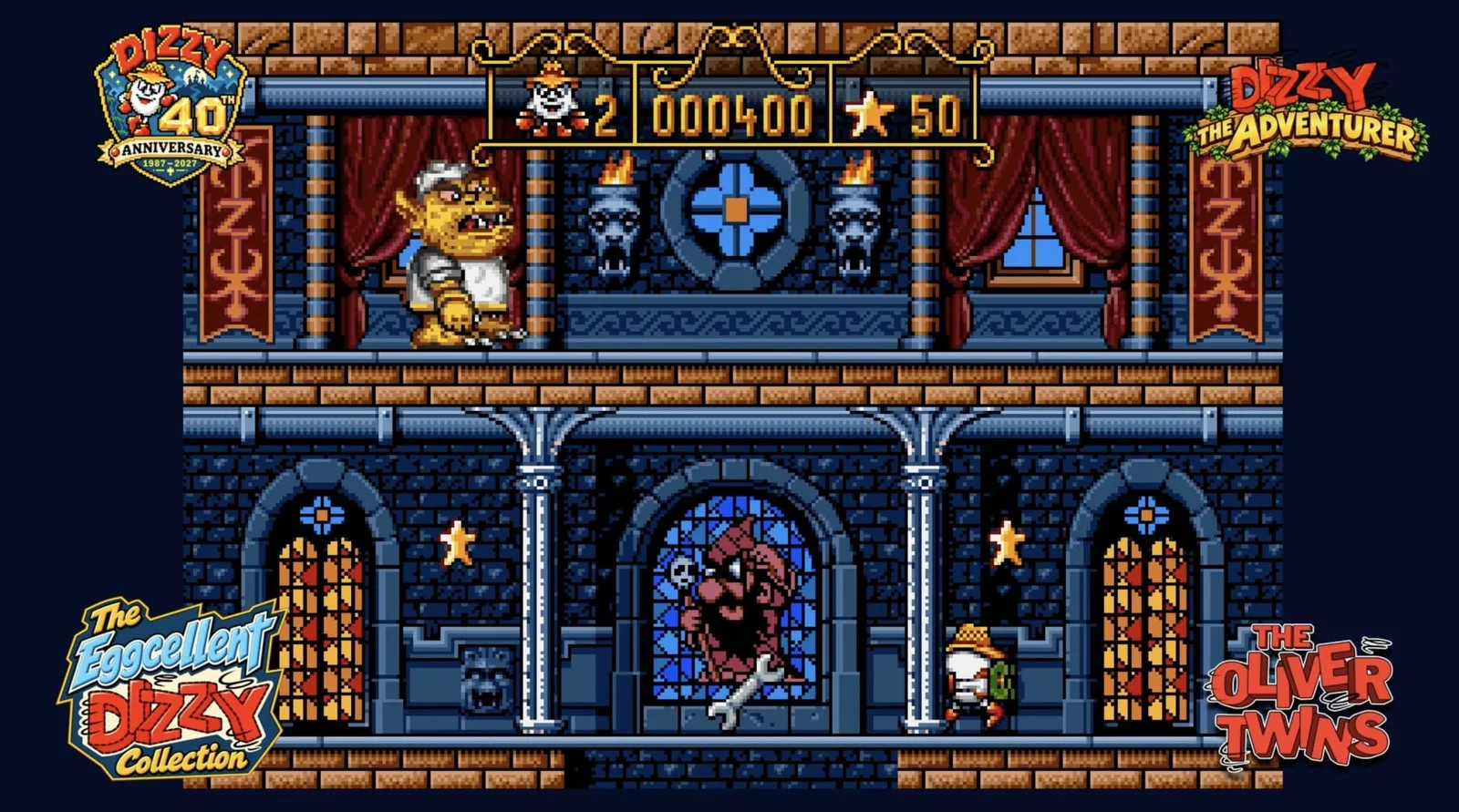 Capture de Dizzy the Adventurer : dans une salle de château aux vitraux, une créature jaune se tient sur un balcon au-dessus de Dizzy