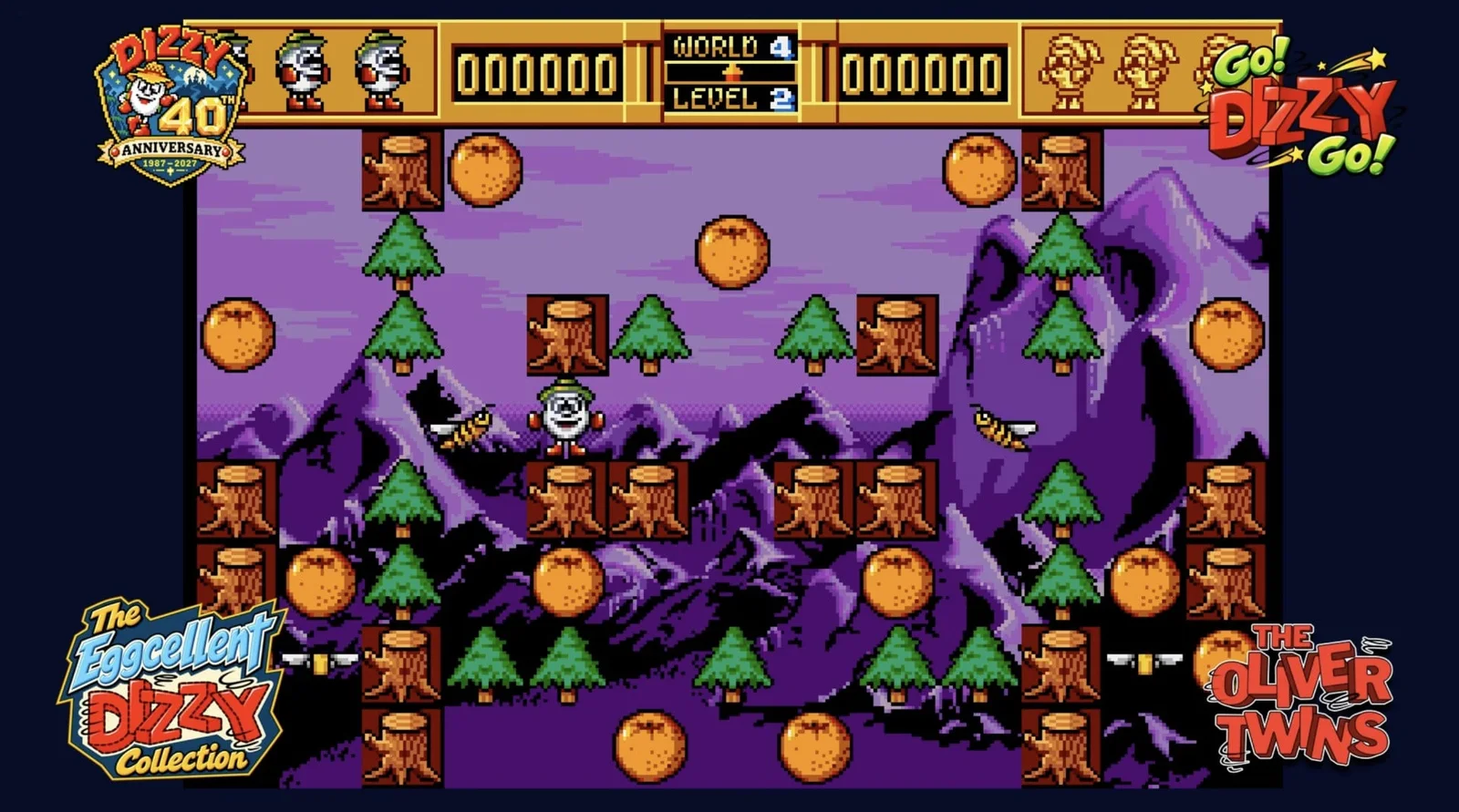 Capture de Go! Dizzy Go! : Dizzy au milieu d'un labyrinthe de souches, de sapins et de fruits orange, devant des montagnes violettes