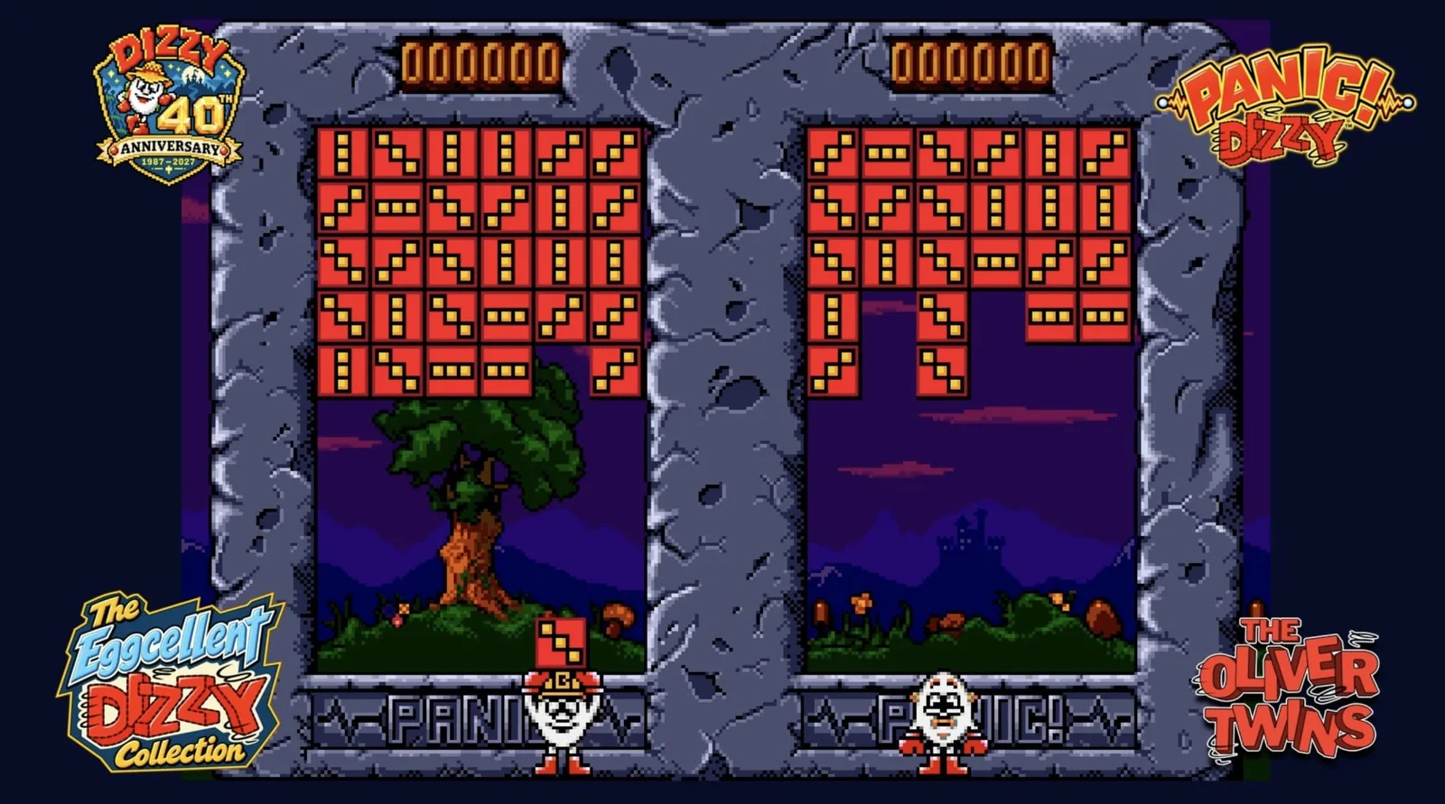 Capture de Panic! Dizzy : deux aires de jeu côte à côte, remplies de blocs rouges marqués de motifs, avec Dizzy en bas de chacune