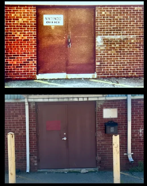 Montage de deux photos de portes : en haut, une porte rouillée dans un mur de briques, avec une pancarte NINTENDO OFFICE ; en bas, une porte brune encadrée de deux bornes jaunes