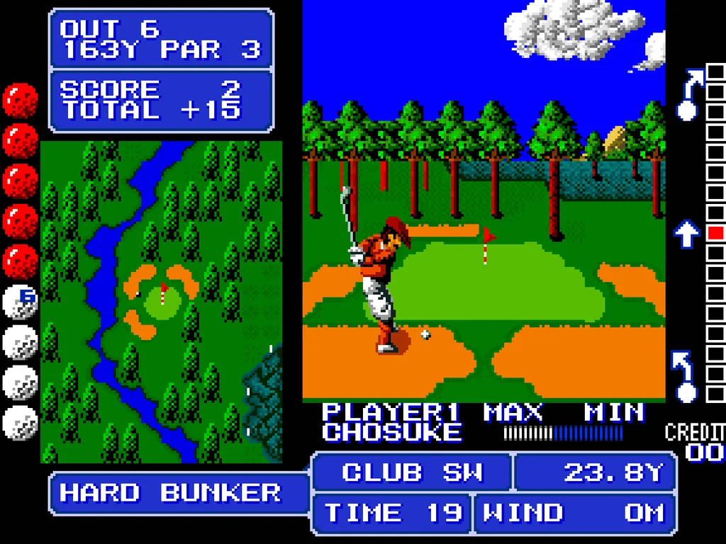 Capture : le golfeur CHOSUKE dans un bunker au trou 6, par 3, avec la mention HARD BUNKER et le club SW