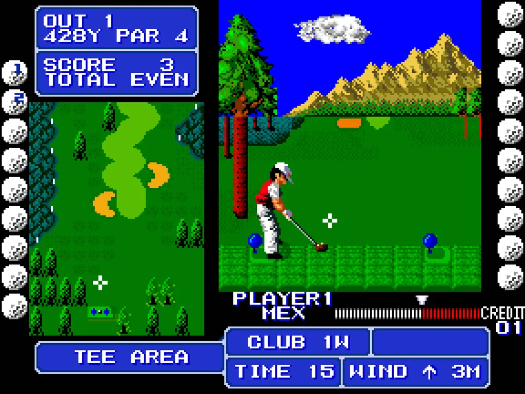 Capture : le golfeur MEX au départ du trou 1, 428 yards, par 4, avec le plan du trou à gauche et l'indication du club 1W en bas