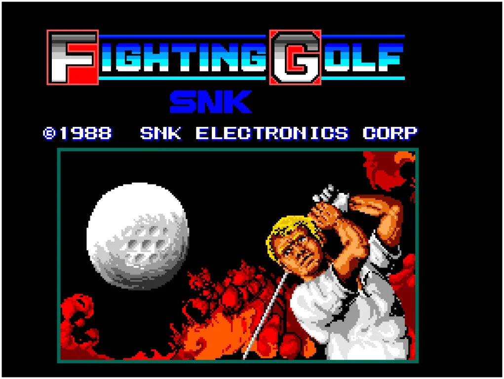 Capture : l'écran titre, le logo FIGHTING GOLF en lettres rouges et bleues, la mention SNK et ©1988 SNK ELECTRONICS CORP, au-dessus d'une illustration d'un golfeur blond et d'une balle