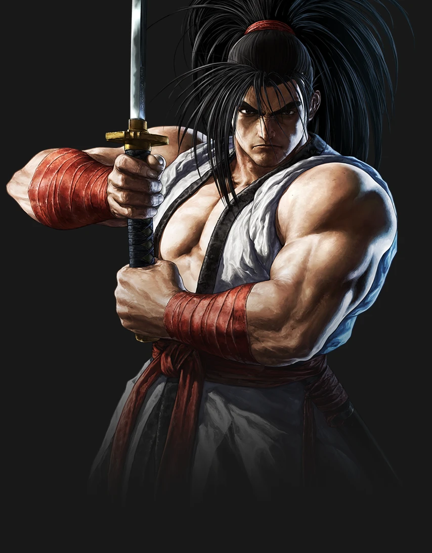Illustration de Haohmaru sur fond sombre, un samouraï aux longs cheveux noirs en kimono blanc à ceinture rouge, qui tient son sabre à deux mains