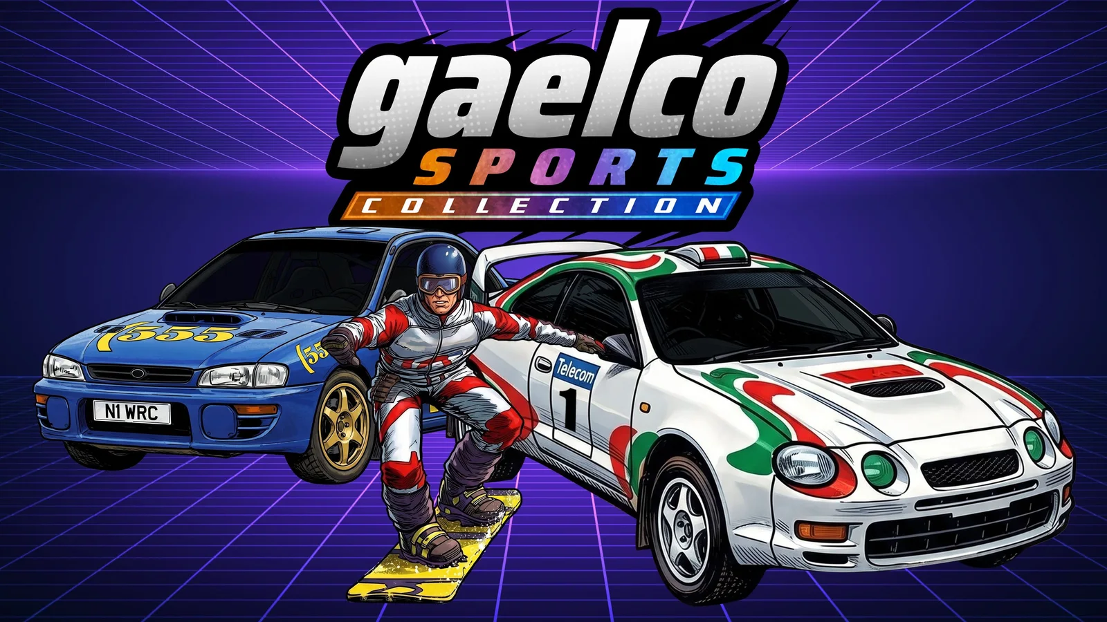 Illustration de Gaelco Sports Collection : le logo de la collection au-dessus d'une voiture de rallye bleue, d'une voiture de rallye blanche portant le numéro 1 et d'un snowboardeur en combinaison rouge et blanche, sur un fond violet quadrillé