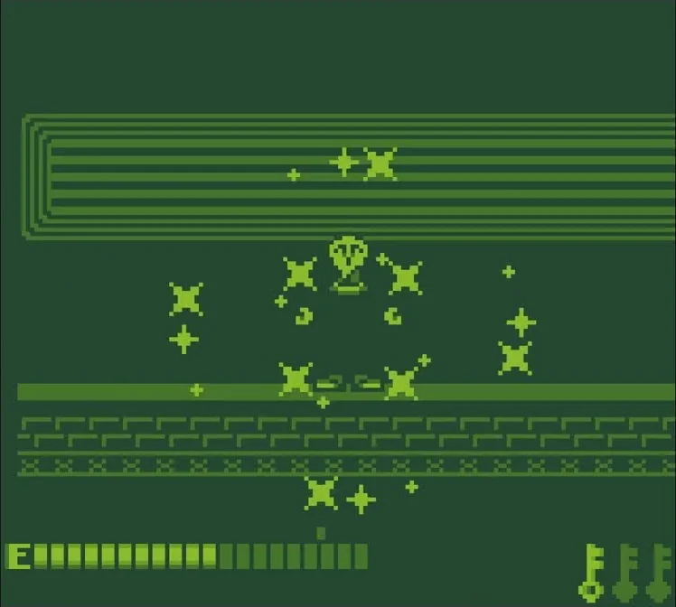 Capture d'Avenging Spirit sur Game Boy : un fantôme au milieu d'étincelles sur une plateforme, une barre d'énergie et trois clés en bas de l'écran