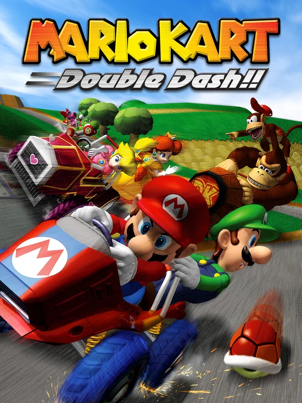 Jaquette de Mario Kart: Double Dash!! sur GameCube : Mario et Luigi sur un kart au premier plan, Peach et Daisy sur un autre kart, Donkey Kong et Diddy Kong à l'arrière-plan