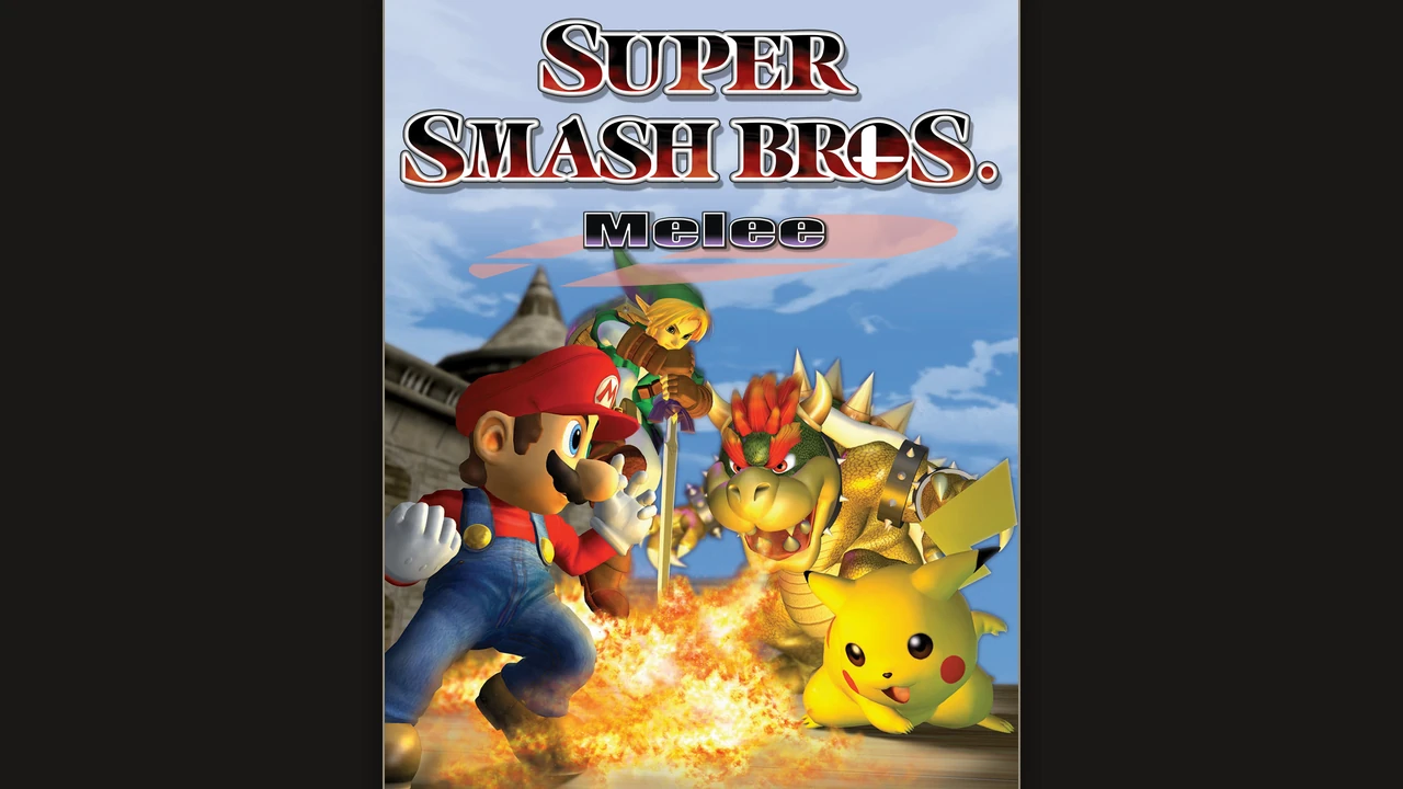 Jaquette de Super Smash Bros. Melee sur GameCube : Mario poings serrés devant un mur de flammes, avec Bowser gueule ouverte, Link brandissant une épée et Pikachu assis, sur fond de château et de ciel bleu
