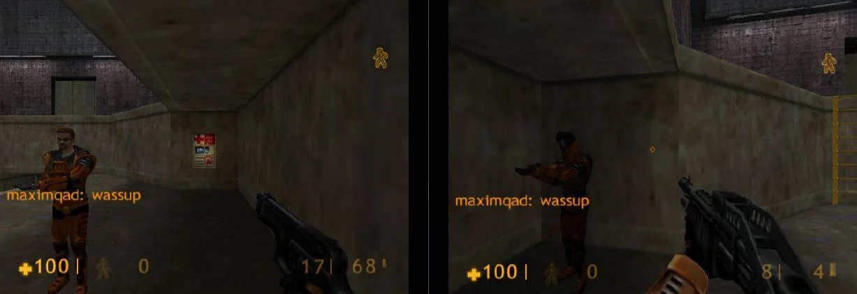 Capture : deux vues de partie côte à côte, chacune montrant un personnage en combinaison orange face au joueur, arme au premier plan, avec le message maximqad: wassup