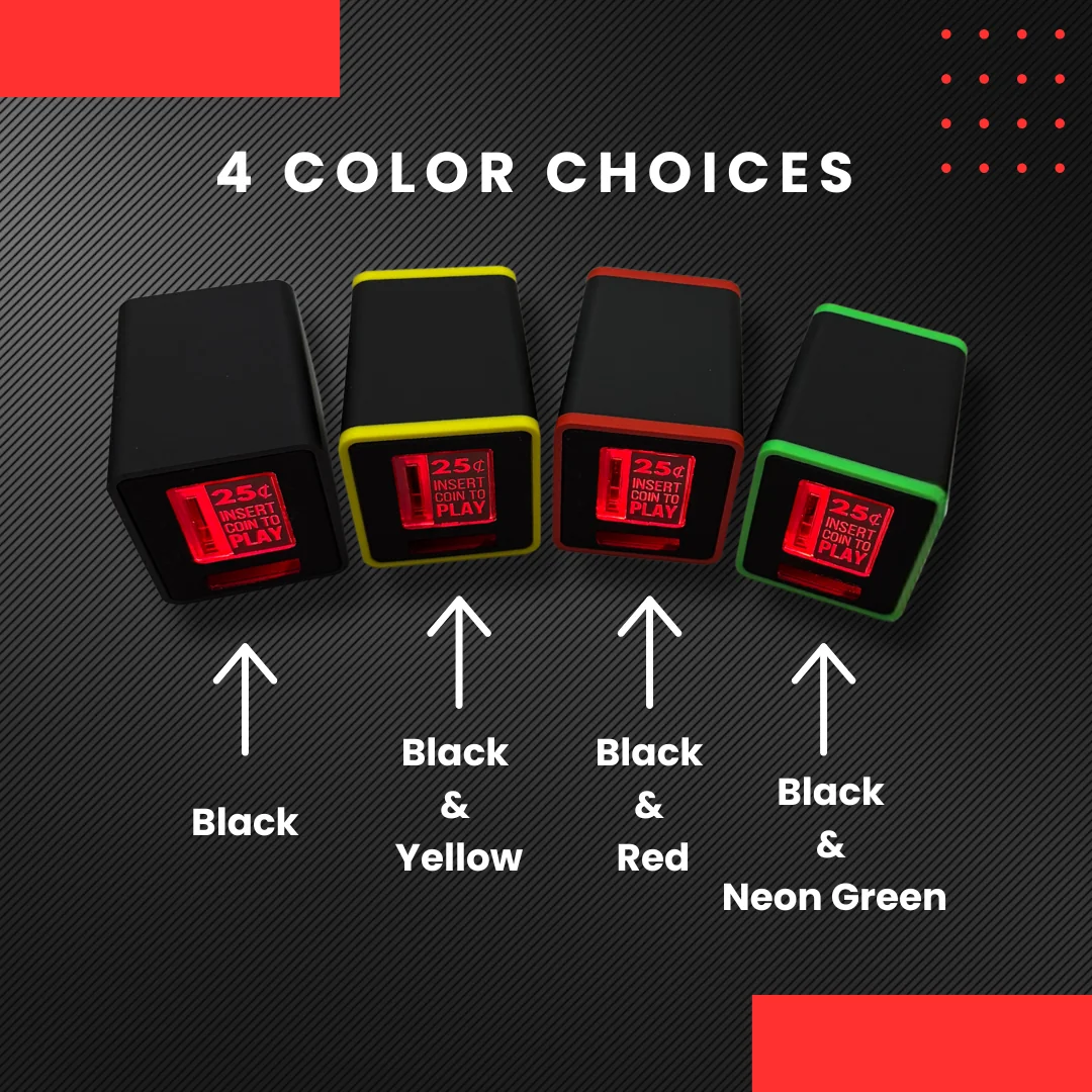 Visuel officiel des quatre coloris du cube, tous noirs, dont trois avec un liseré jaune, rouge ou vert fluo