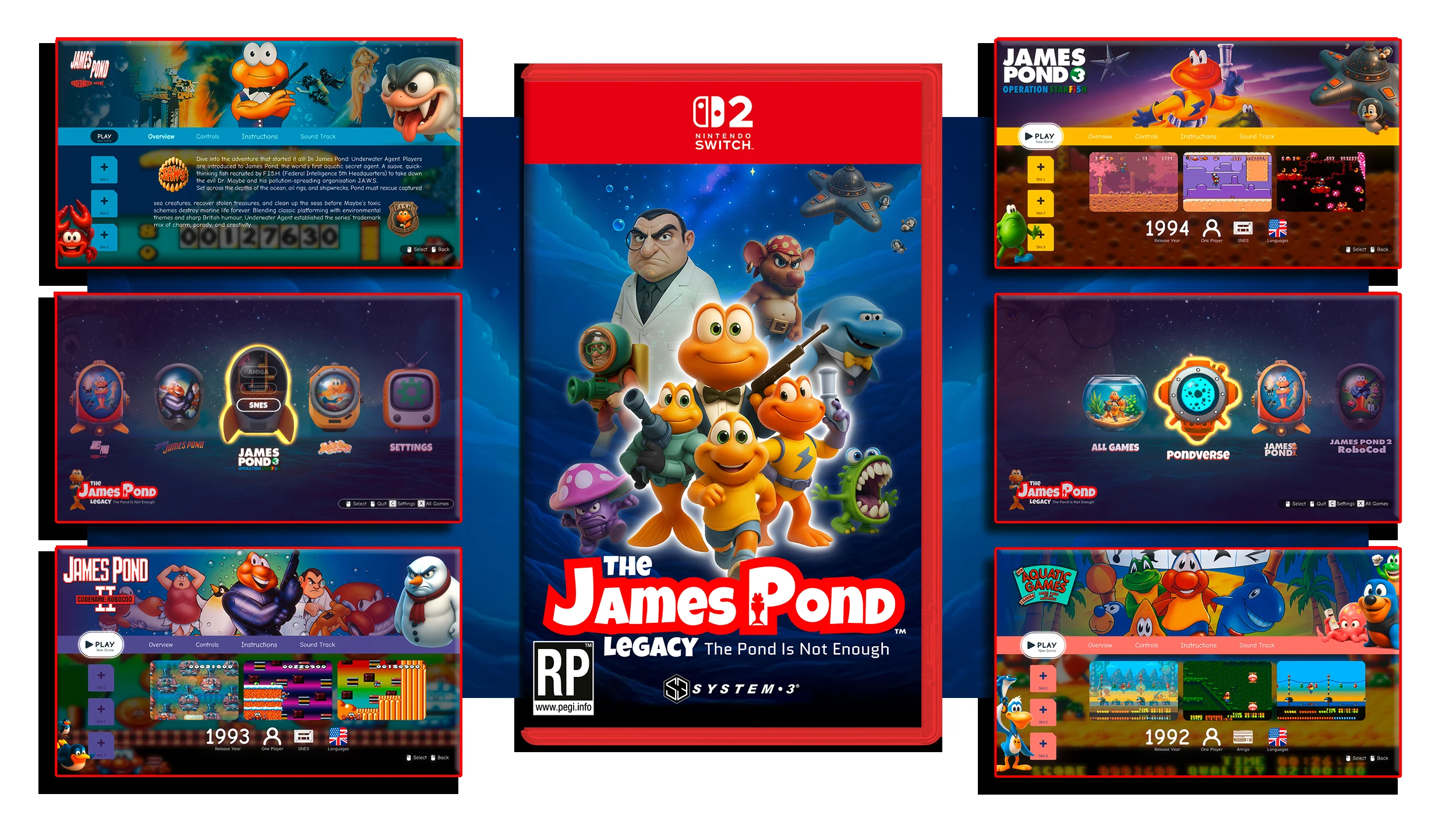 Jaquette Nintendo Switch 2 de The James Pond Legacy: The Pond Is Not Enough entourée de six captures du menu Pondverse montrant les personnages des quatre jeux de la compilation