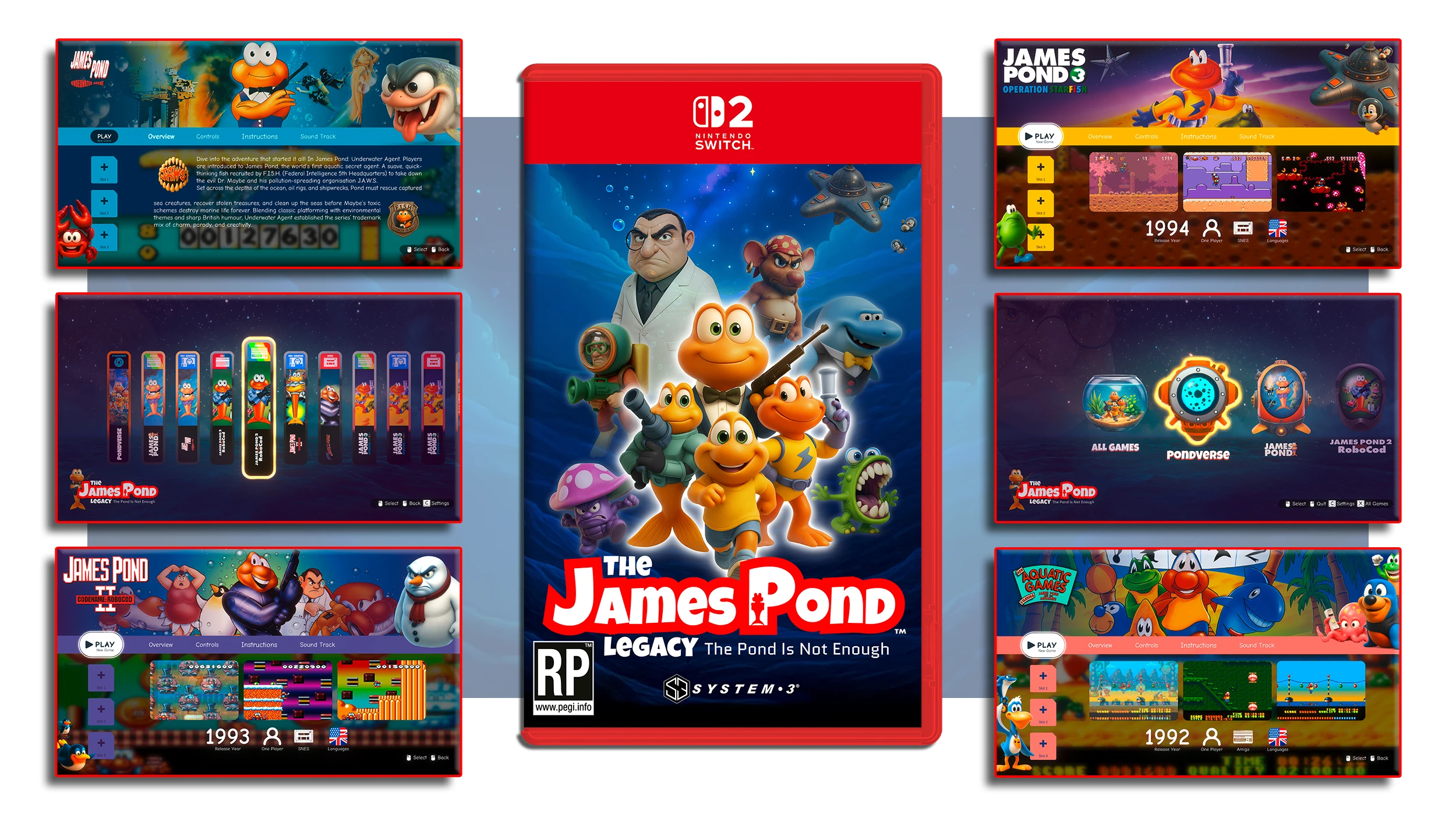 Rendu de la boîte Switch 2 de James Pond Legacy, avec son visuel de couverture et plusieurs vignettes d'écrans d'interface disposées autour