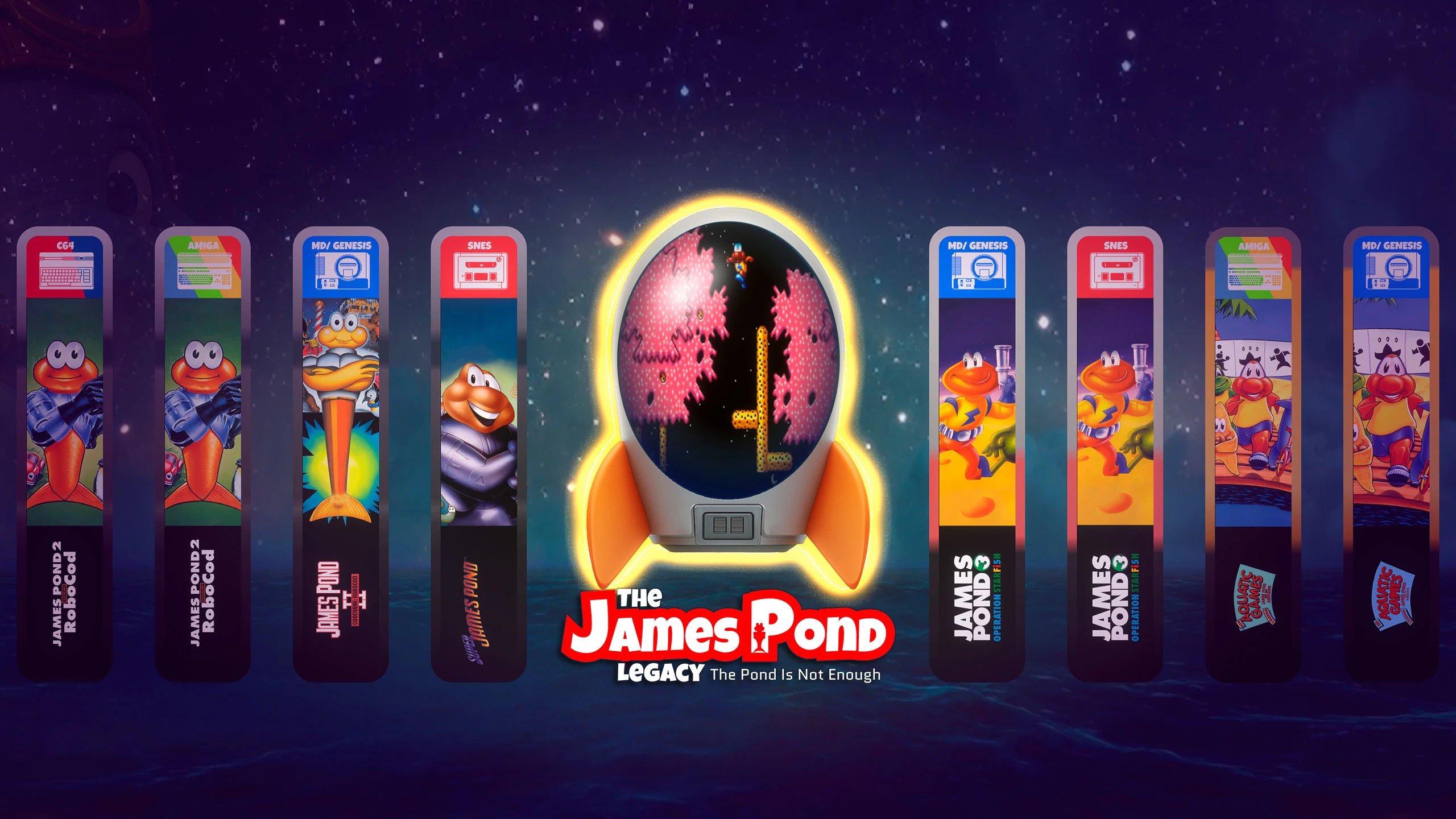 Visuel promotionnel de James Pond Legacy, une capsule ovale à ailerons orange diffusant une scène de gameplay en son centre, entourée de huit tranches de boîtier illustrées sur Commodore 64, Amiga, Mega Drive et Super Nintendo, logo de la collection en bas