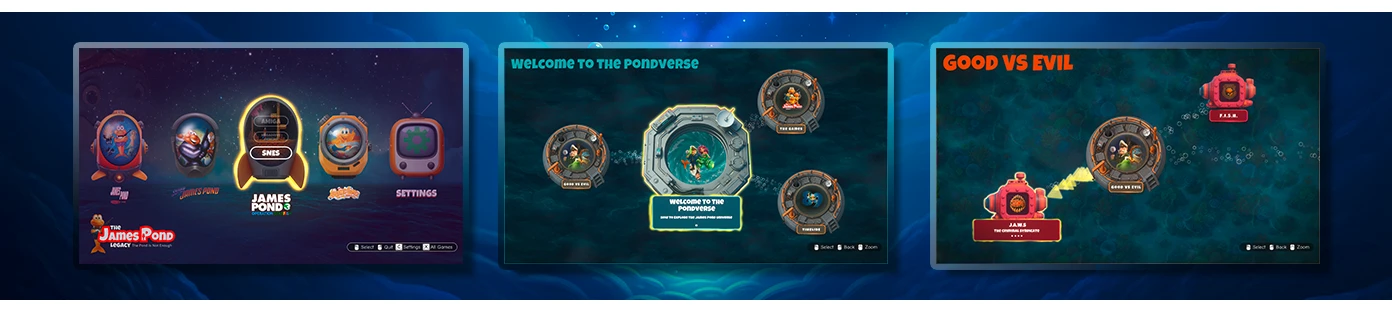Trois écrans de l'interface de la collection : à gauche le carrousel de sélection des quatre jeux, au centre le menu d'accueil avec ses trois portes Good vs Evil, The Games et Timeline, à droite l'écran Good vs Evil présentant les deux factions et leurs icônes