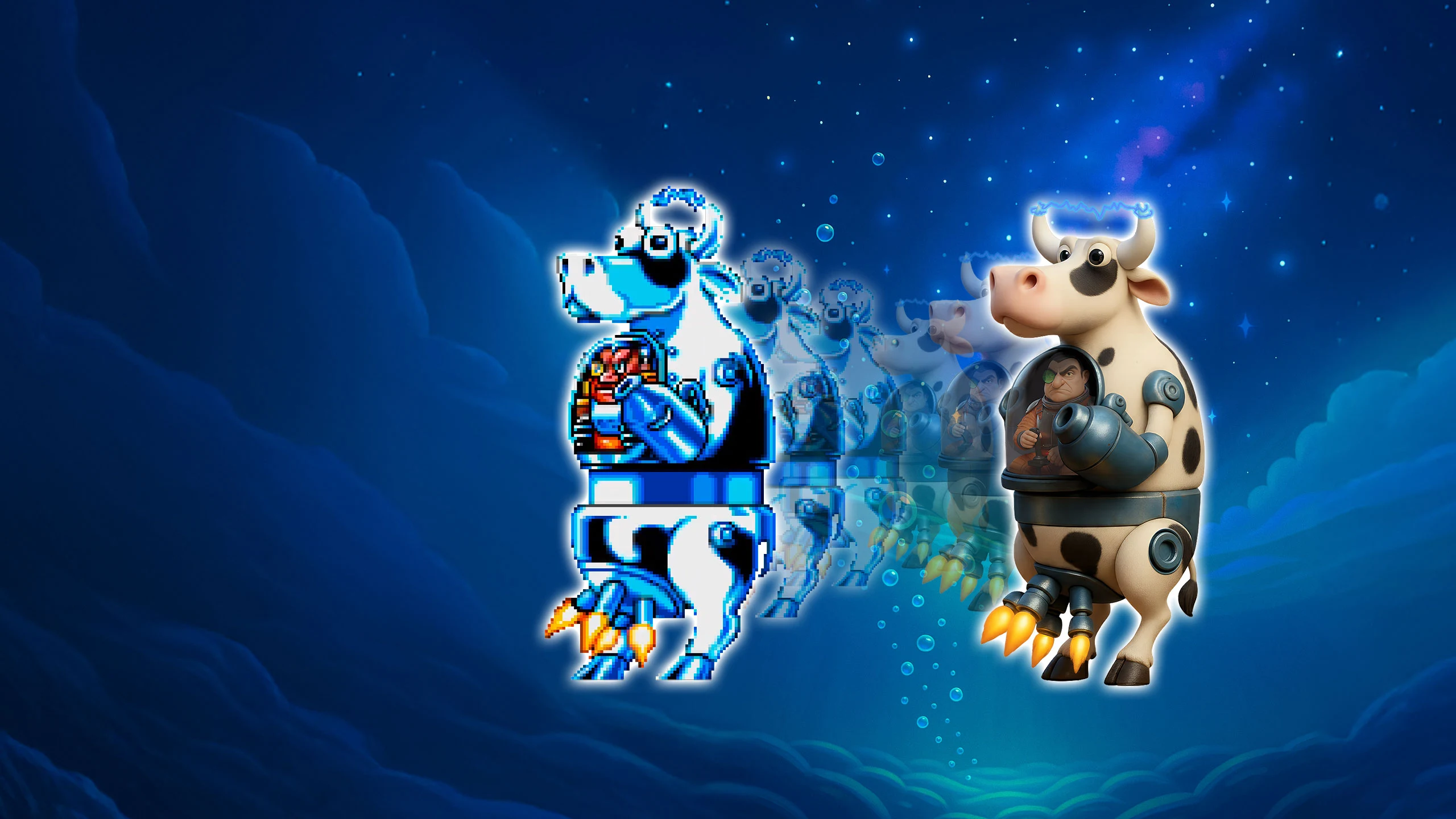 Illustration officielle montrant la transformation de la Bovine Bomber de James Pond 3, à gauche son sprite pixelisé original des années 1990, à droite sa version modélisée en trois dimensions pour le Pondverse