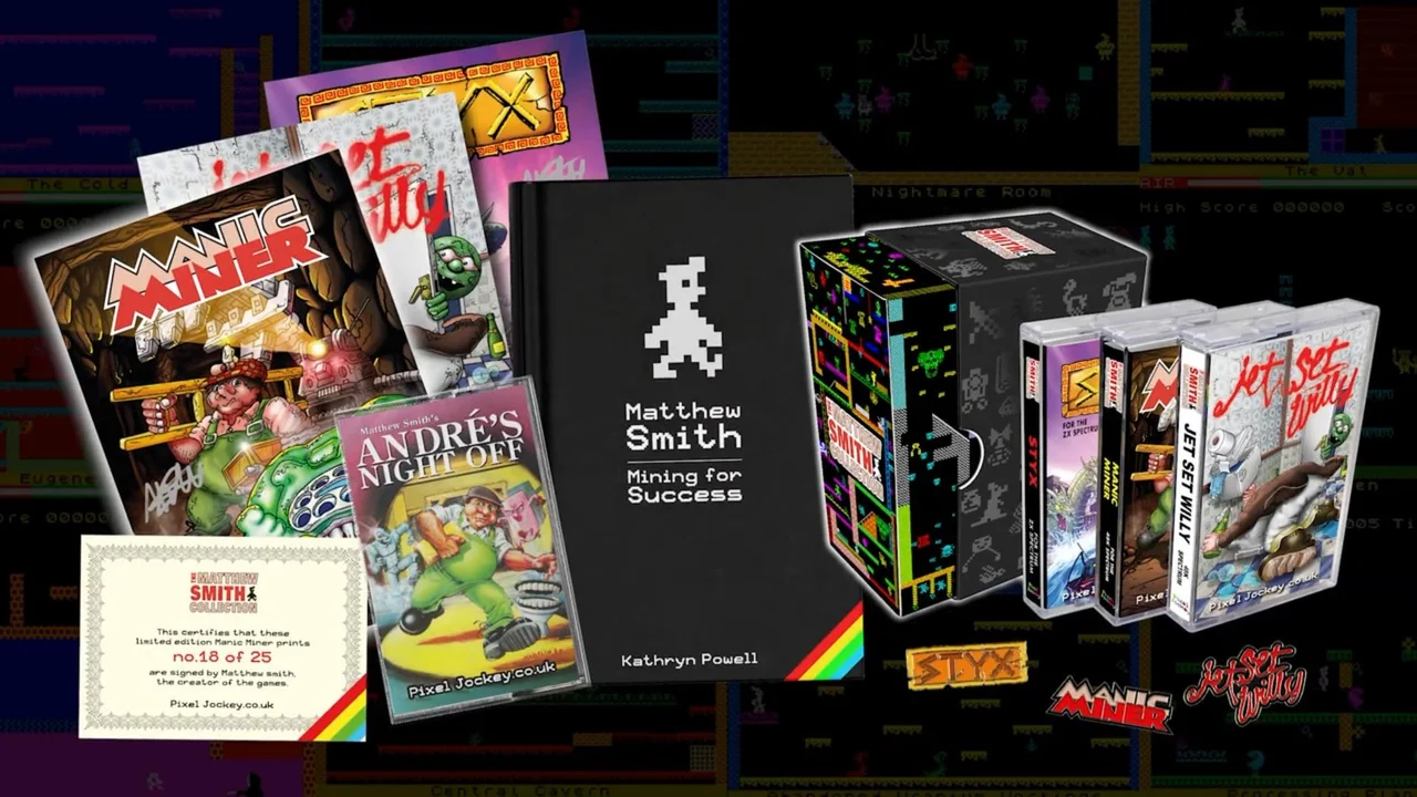 Contenu de l'offre Full Set : le coffret et ses trois cassettes, la cassette d'Andre's Night Off, le livre relié Mining for Success et les pin's émaillés Styx, Manic Miner et Jet Set Willy, posés devant trois tirages d'art signés, un pour chacun des trois jeux (Manic Miner, Jet Set Willy, Styx), et leur certificat numéroté, vendus en supplément