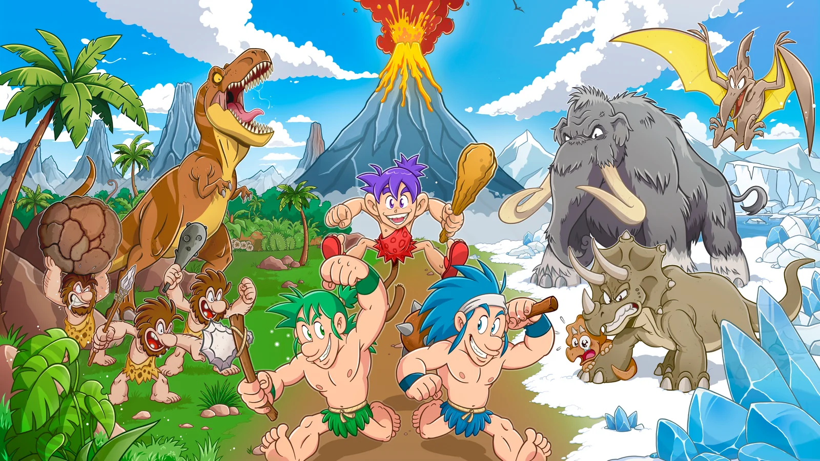 Illustration officielle de Joe & Mac Retro Collection montrant les deux héros preux cavemen face à un tyrannosaure, un mammouth et un tricératops