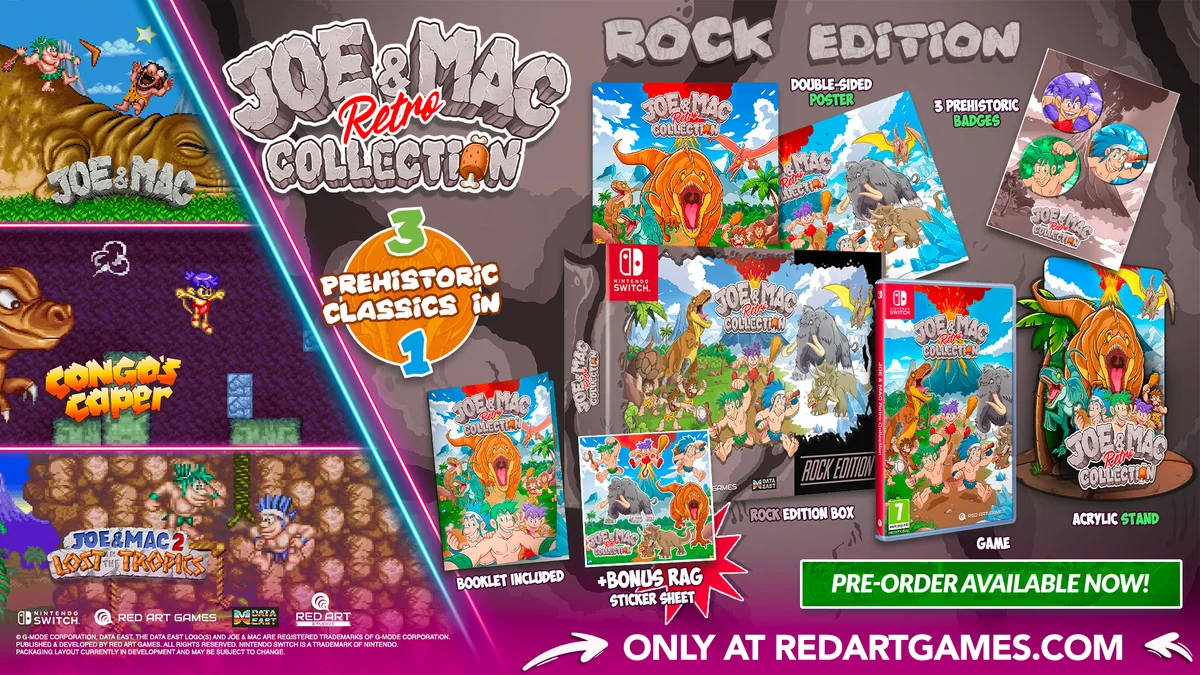 Le contenu de l'édition Rock de Joe & Mac Retro Collection : boîte à l'ancienne, présentoir acrylique, trois badges, planche d'autocollants et poster recto verso.