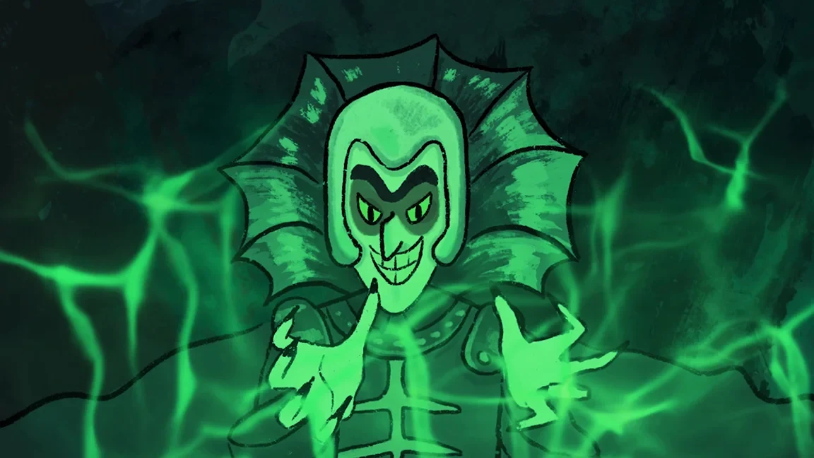 Capture du jeu Knightmare : un personnage verdâtre au sourire menaçant, coiffé d'une haute collerette, entouré de traînées lumineuses vertes