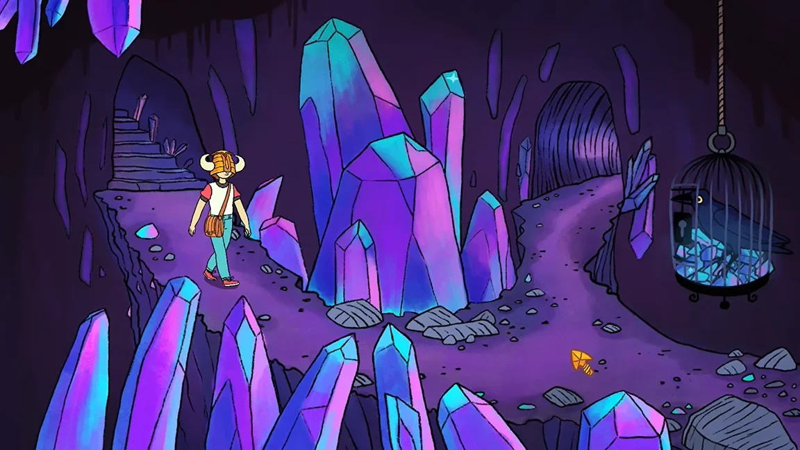Capture du jeu Knightmare : un personnage casqué marche sur un chemin entre de grands cristaux violets et bleus, dans une grotte, près d'une cage suspendue