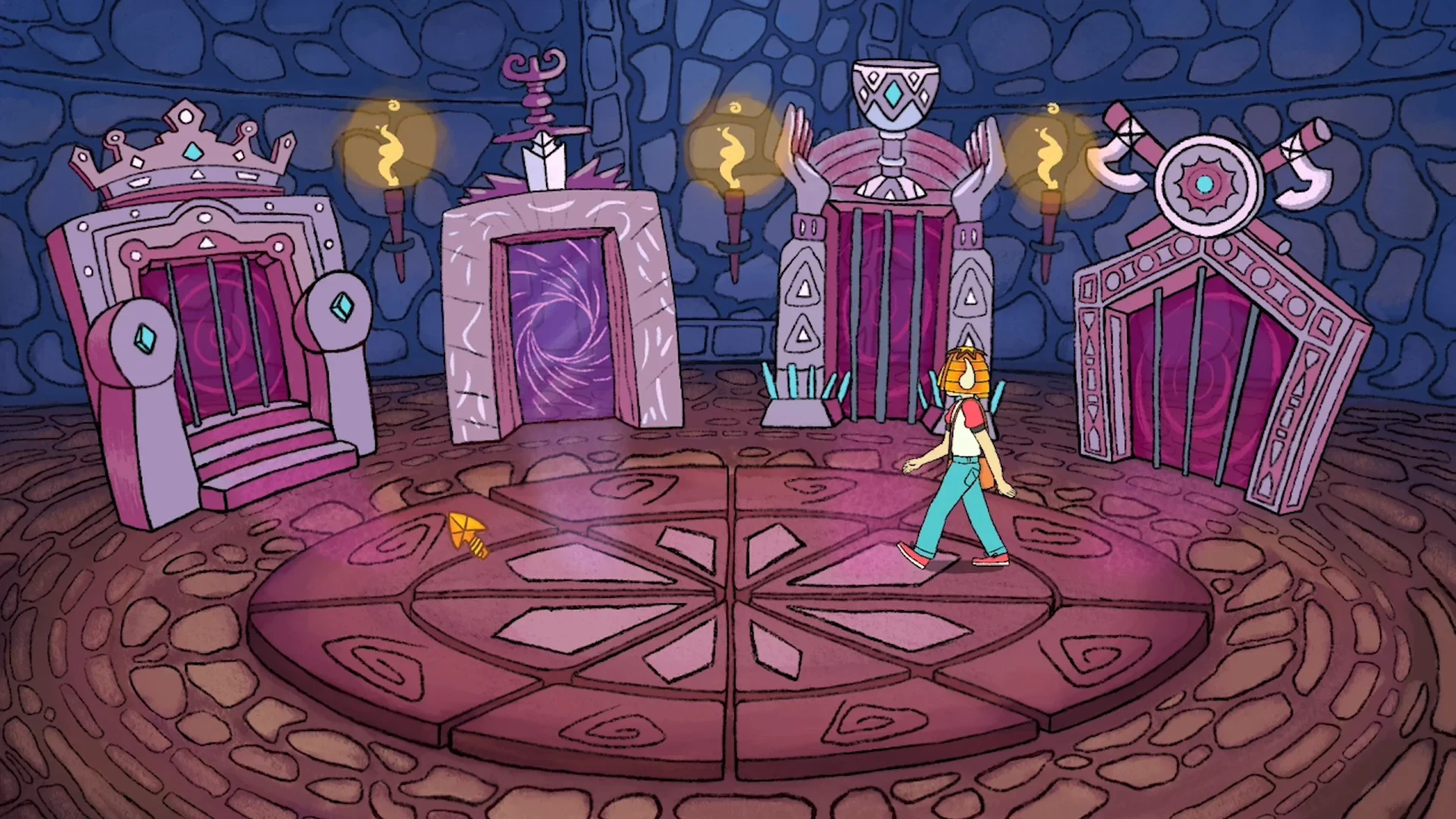 Capture du jeu Knightmare : un personnage casqué dans une salle circulaire au sol dallé, face à quatre portes ornées