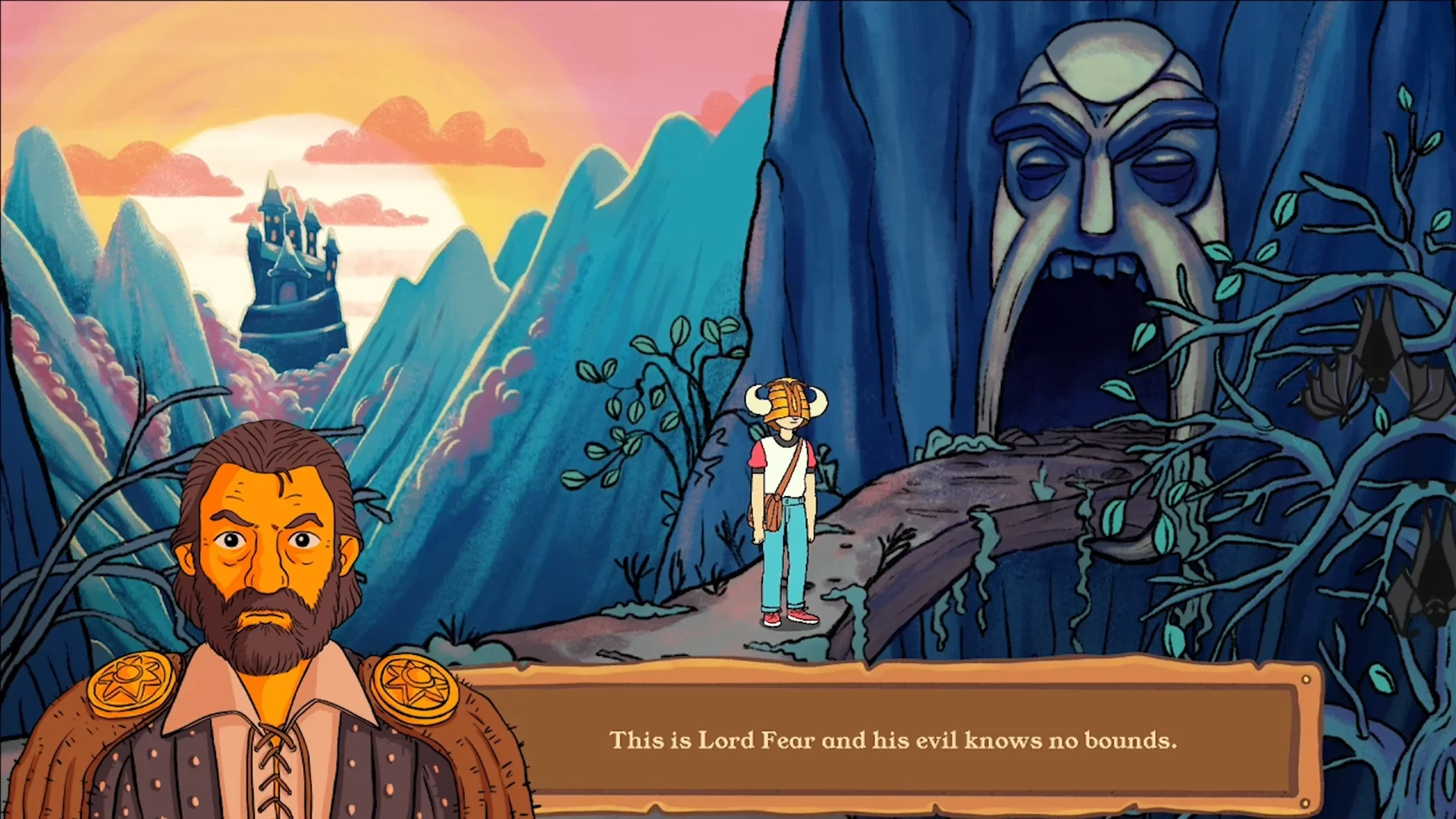 Capture du jeu Knightmare : un homme barbu en gros plan au premier plan, un personnage casqué au loin devant une grotte en forme de visage de pierre, et le texte This is Lord Fear and his evil knows no bounds