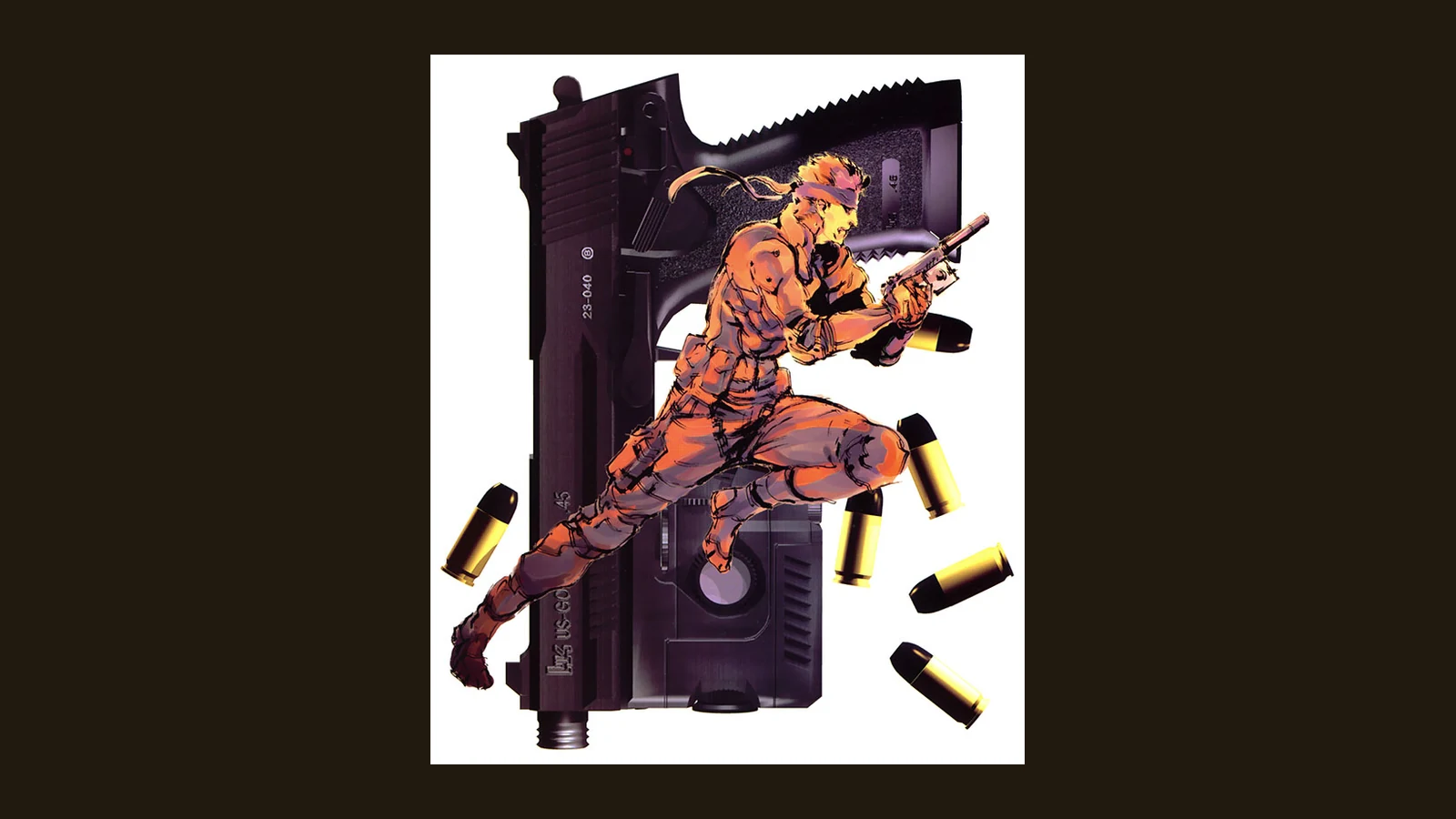 Illustration officielle de Solid Snake tenant un pistolet, entouré de douilles, sur fond blanc