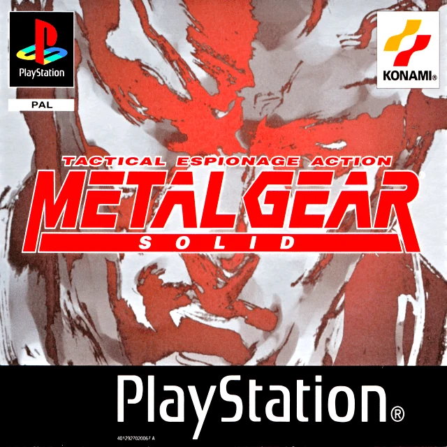 Jaquette européenne de Metal Gear Solid : peinture du torse de Solid Snake en rouge et gris, titre en rouge par-dessus