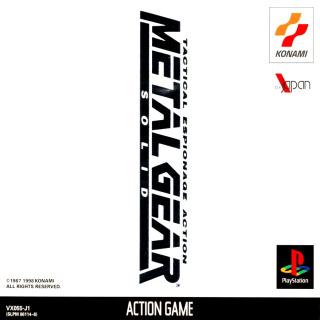 Jaquette japonaise de Metal Gear Solid : fond blanc, titre imprimé à la verticale sur toute la hauteur
