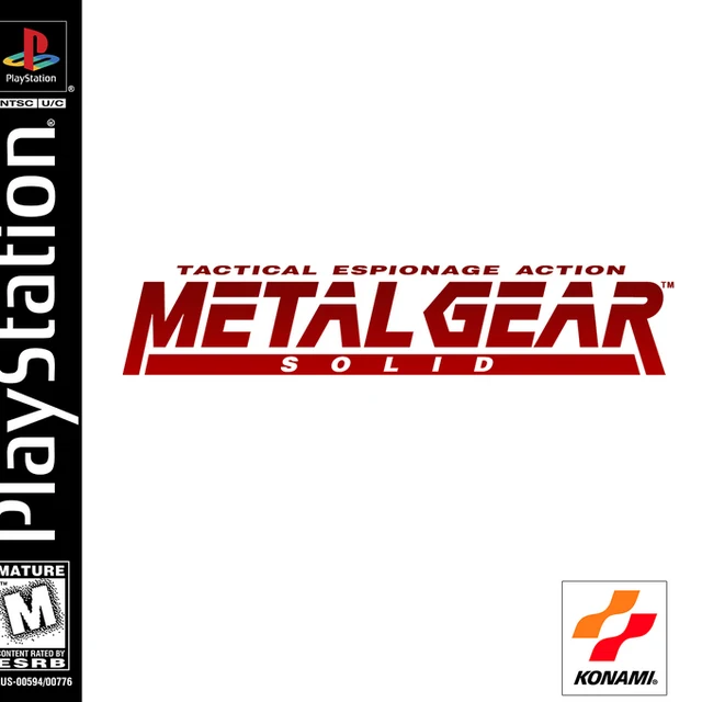 Jaquette américaine de Metal Gear Solid : fond blanc, titre imprimé en rouge à l'horizontale