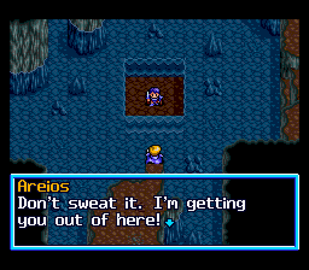 Capture de The Legend of Xanadu en anglais, en vue de dessus : deux personnages dans une grotte bleue, et une boîte de dialogue au nom d'Areios