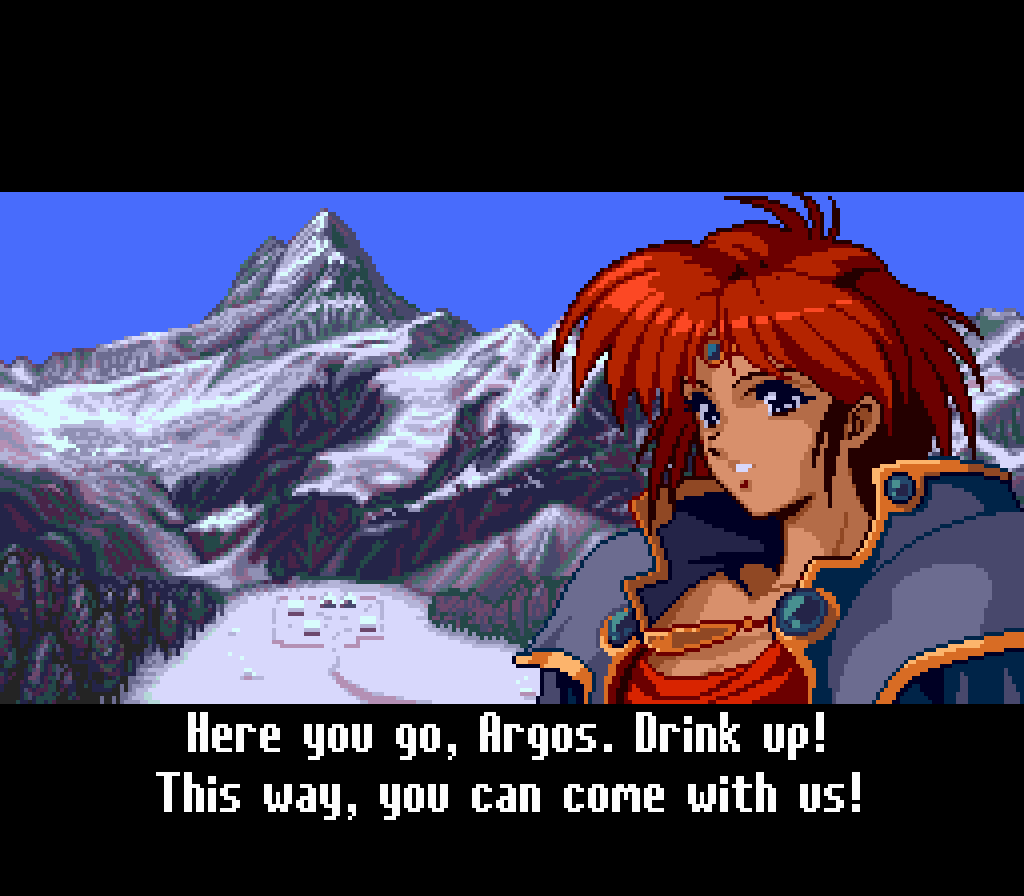 Capture d'une scène illustrée de The Legend of Xanadu en anglais : une jeune femme aux cheveux roux devant une montagne enneigée, avec une réplique sous-titrée