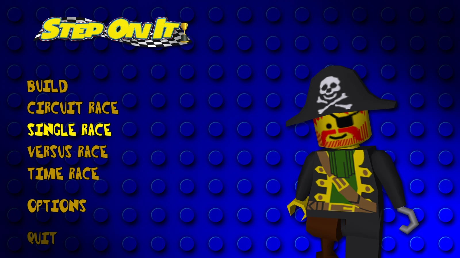 Capture : le menu principal de Step On It, avec les options Build, Circuit Race, Single Race, Versus Race, Time Race, Options et Quit, et une figurine de capitaine pirate à droite