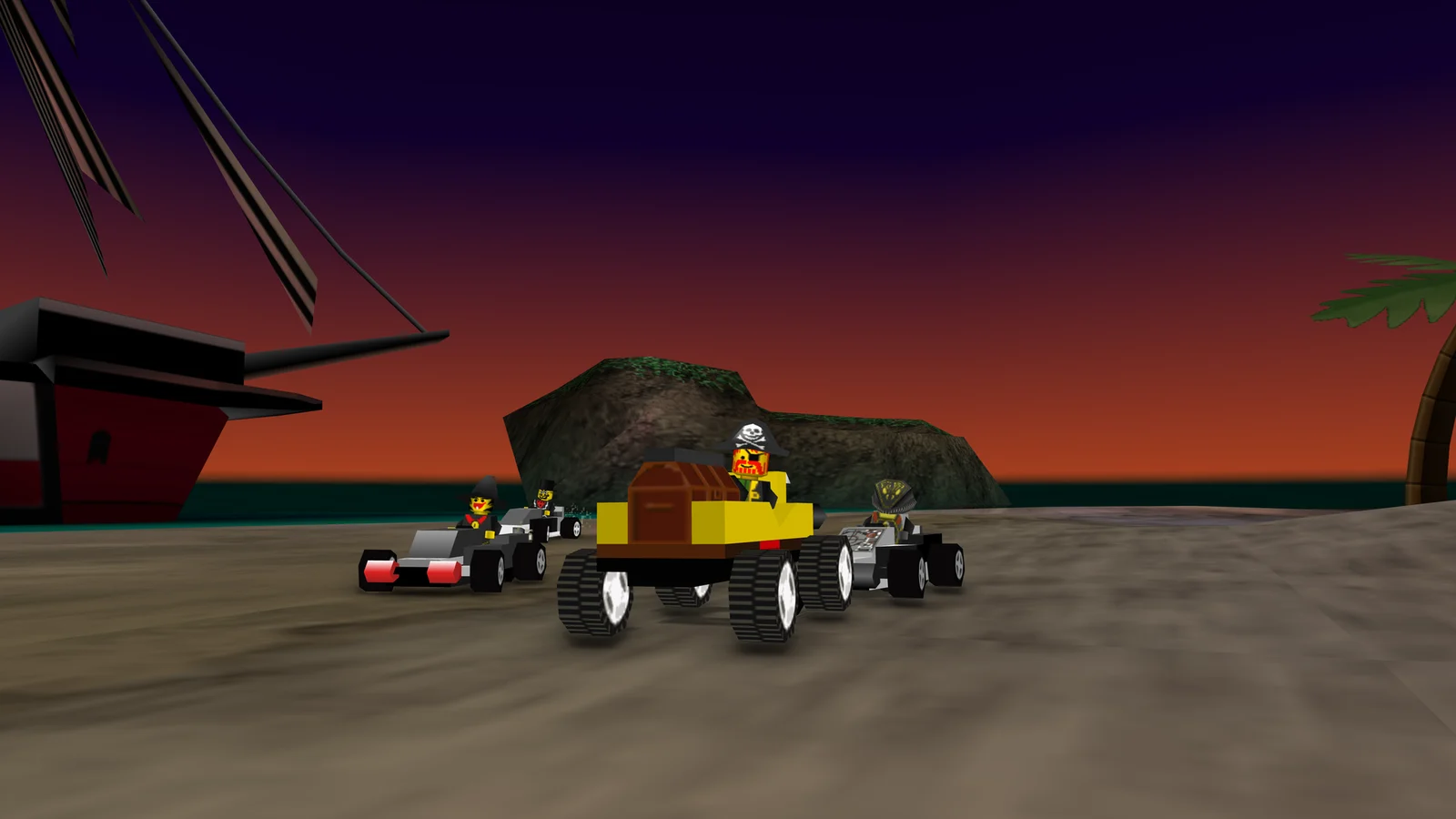 Capture : plusieurs bolides LEGO sur une plage au coucher de soleil, dont un piloté par un capitaine pirate, avec la coque d'un navire à gauche