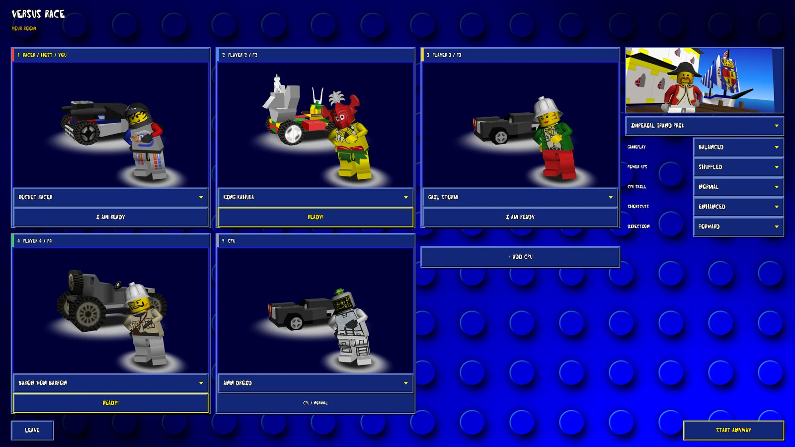 Capture : l'écran Versus Race, avec cinq cases de joueurs montrant chacune une figurine LEGO et sa voiture, sur un fond de briques bleues