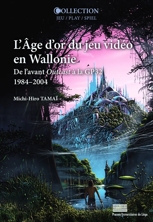 Couverture du livre L'Âge d'or du jeu vidéo en Wallonie : un homme dans l'eau, de dos, face à une cité futuriste bâtie sur une montagne, sous un ciel rose