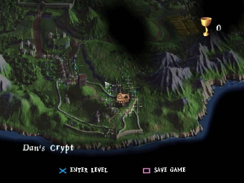 Capture de MediEvil : la carte du royaume vue du ciel, un niveau nommé Dan's Crypt sélectionné