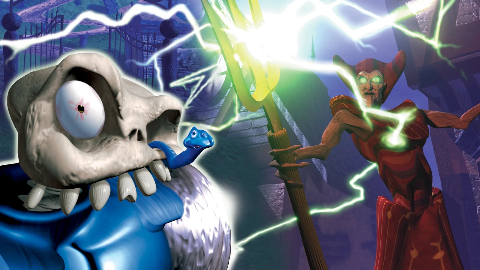 Illustration officielle de MediEvil : à gauche, en gros plan, un crâne de squelette à l'œil unique écarquillé ; à droite, un sorcier en robe rouge brandit un sceptre d'où jaillissent des éclairs