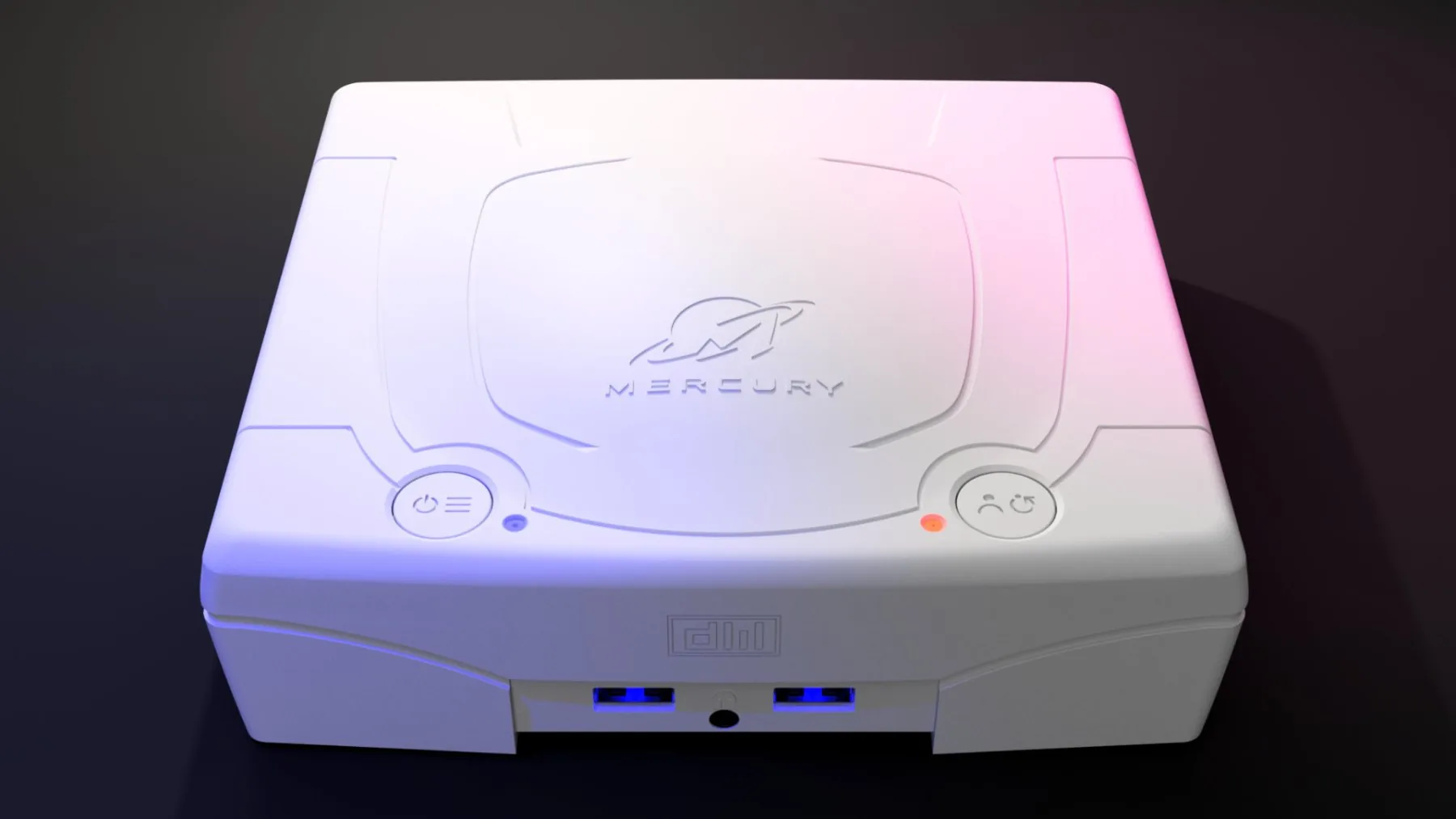 Rendu officiel : le boîtier Mercury blanc vu en plongée, le dessus marqué du logo Mercury entre deux boutons ronds, deux ports USB éclairés en bleu et une prise jack en façade