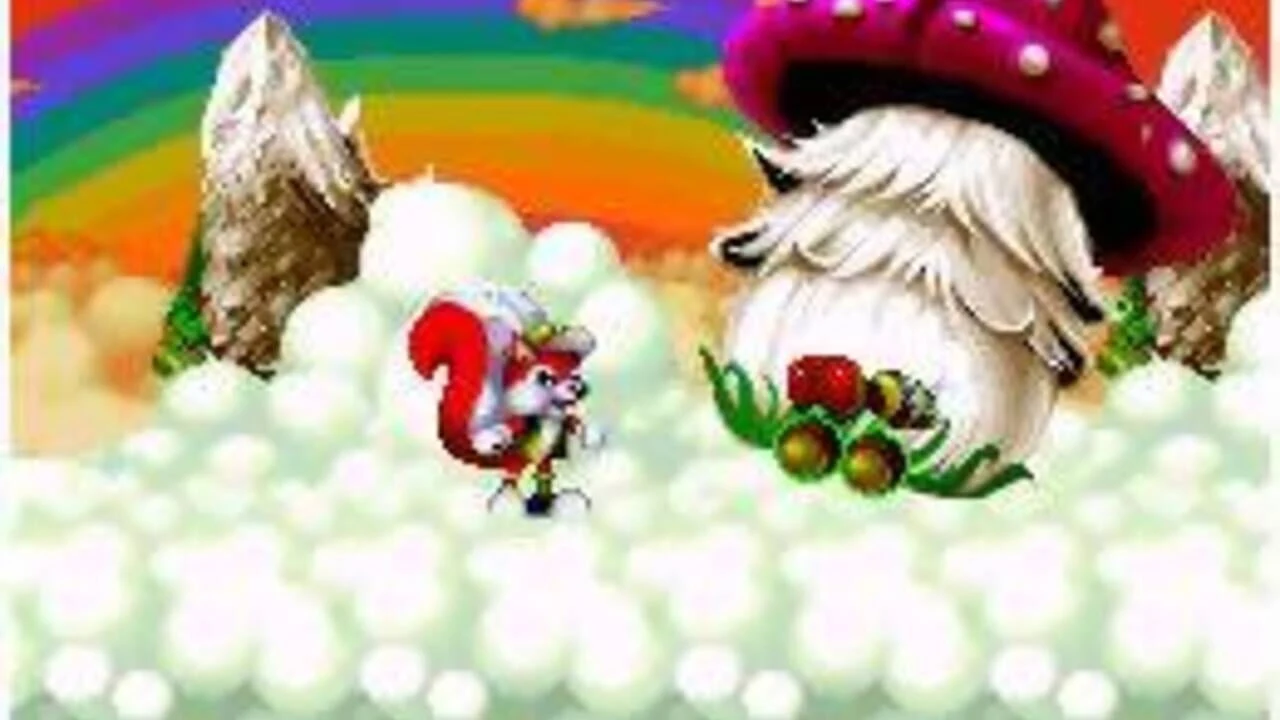 Capture du jeu Mr. Nutz montrant l'écureuil roux face à un adversaire en forme de champignon géant, dans un décor enneigé sous un arc-en-ciel