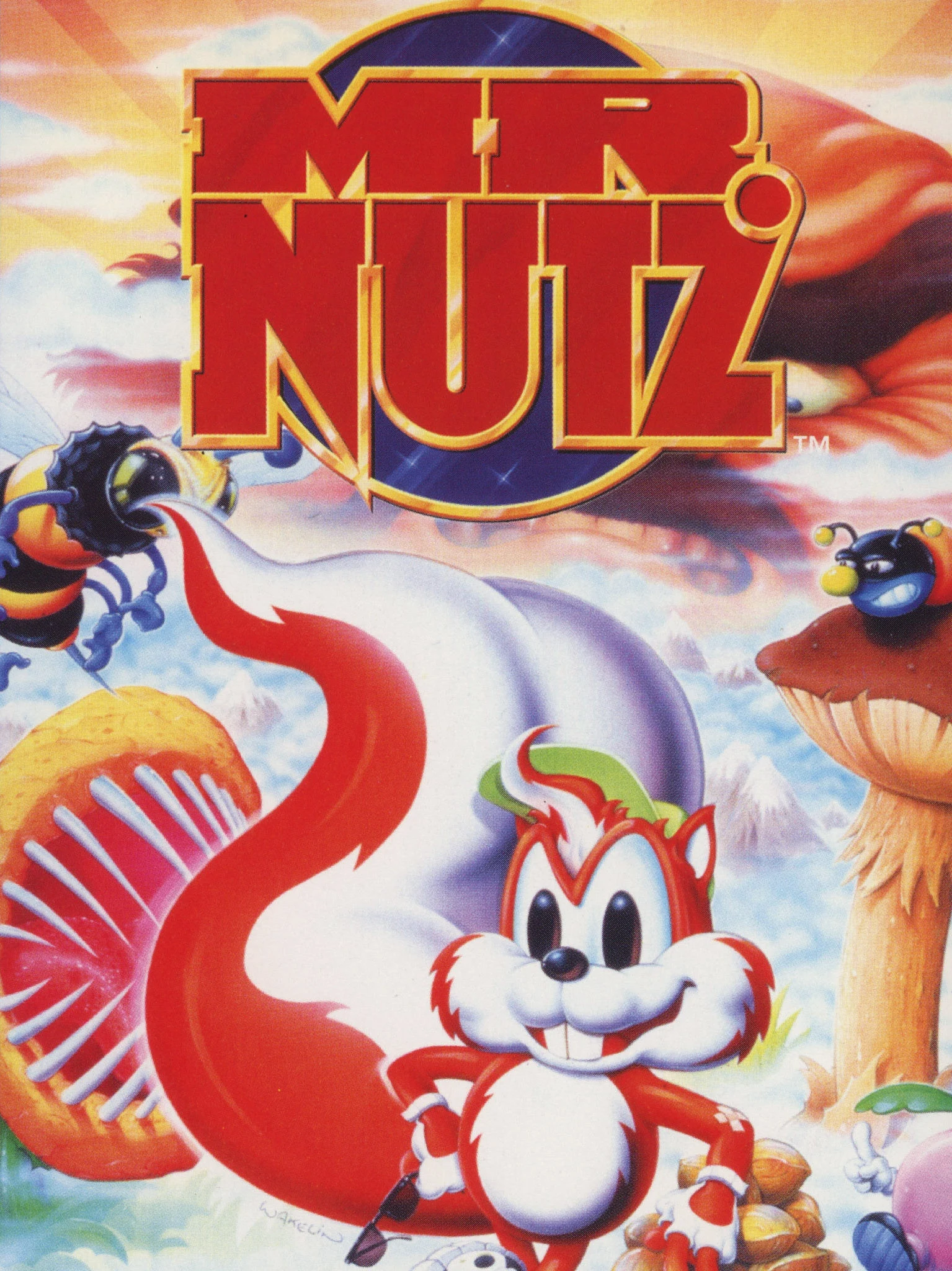 Jaquette originale du jeu Mr. Nutz sur Super Nintendo, montrant l'écureuil roux entouré d'abeilles et d'un champignon carnivore