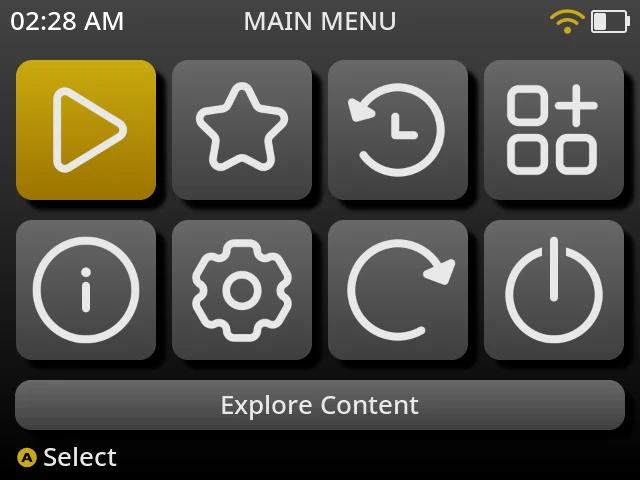 Capture du menu principal de MustardOS : huit grandes tuiles carrées grises sur fond noir, la première en jaune, au-dessus d'un bouton Explore Content